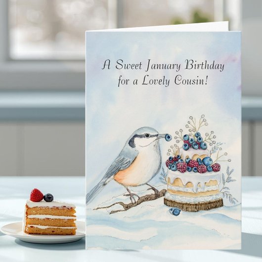 Cousin Happy January Birthday Red Breasted Bird カード