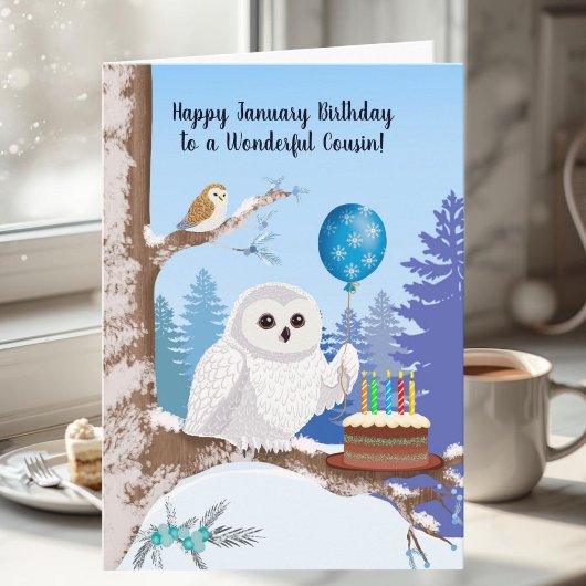 Cousin Happy January Birthday Snowy Owl カード
