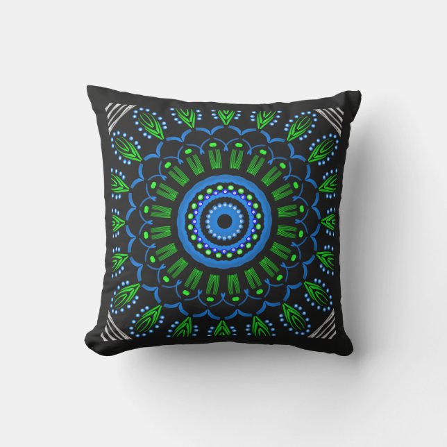 Coussin carré design Jimette bleu, vert et noir クッション (正面)