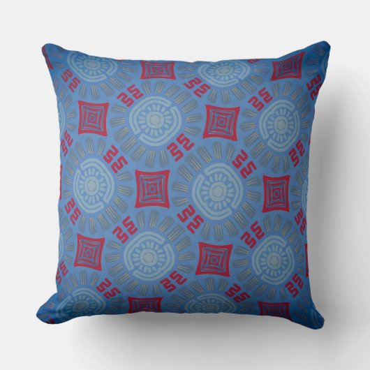 Coussin carré Jimette Design bleu rouge gris. クッション (正面)