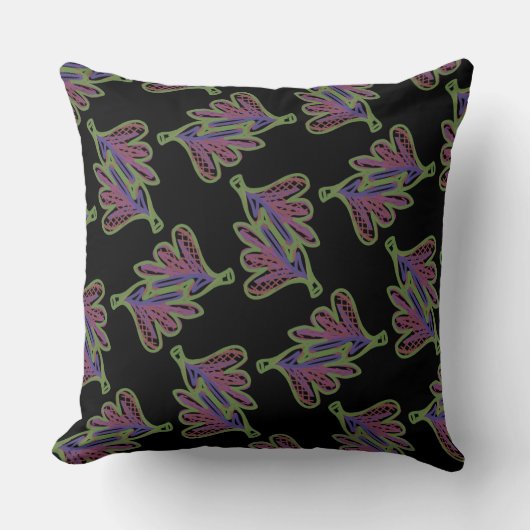 Coussin carré Jimette Design rose sur noir. クッション (正面)