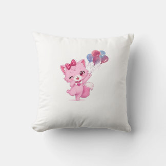 Coussin Chaton Rose Kawaii avec Ballons Colorés – クッション