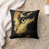 Coussin Élégant Chat Noir et Feuille d'Or Texturée クッション (ブランケット)