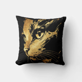 Coussin Élégant Chat Noir et Feuille d'Or Texturée クッション