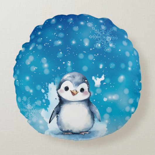 Coussin Hivernal avec Pingouin sous la Neige ラウンドクッション (正面)
