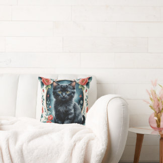 Coussin Imprimé Vintage Chaton Noir et Pivoines クッション