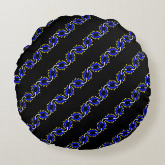 Coussin rond Jimette Design bleu blanc sur noir. ラウンドクッション