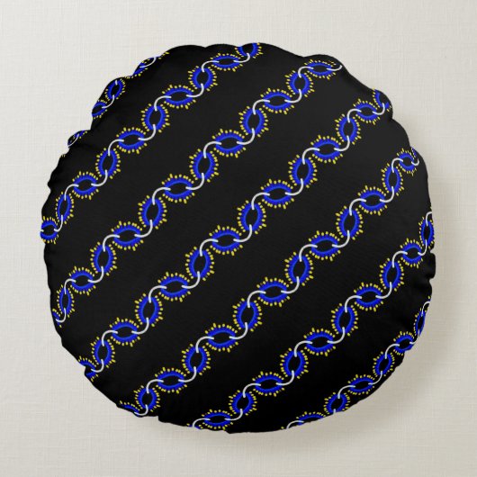 Coussin rond Jimette Design bleu blanc sur noir. ラウンドクッション (正面)