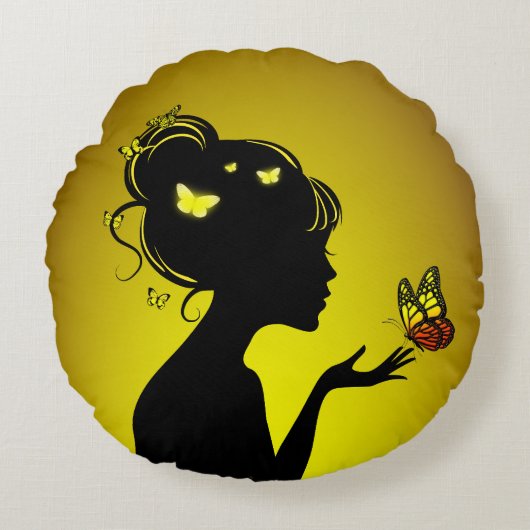 Coussins Ronds La femme papillons jaunes ラウンドクッション (正面)