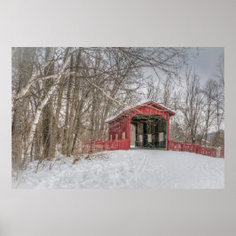 Covered Bridge Red Snow写真 ポスター