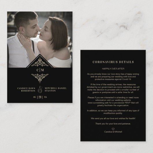 Covi19 Wedding Initials Flourish Sophisticated エンクロージャーカード (正面/裏面)