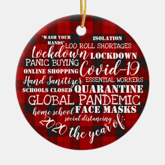 covid19 2020顔マスクの年タータンチェック セラミックオーナメント (正面)