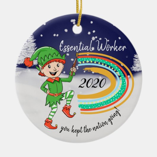 covid19 essentialワーカーユー感謝してい小妖精や小人レインボー セラミックオーナメント (正面)