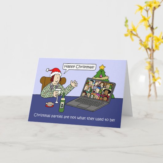 Covid 19仮想クリスマスパーティー漫画ユーモア カード (黄色い花)