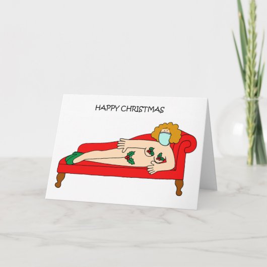 Covid 19 Christmas Lady Wearing Holly Holiday Card シーズンカード (正面)