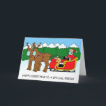 Covid 19 Happy Christmas Friend, Santa Cartoon. カード<br><div class="desc">そりに座っている父クリスマスの漫画、父クリスマスと彼のトナカイはフェイスマスクを着ている。「特別な友達に幸せなクリスマス」という言葉がイメージを添える。</div>