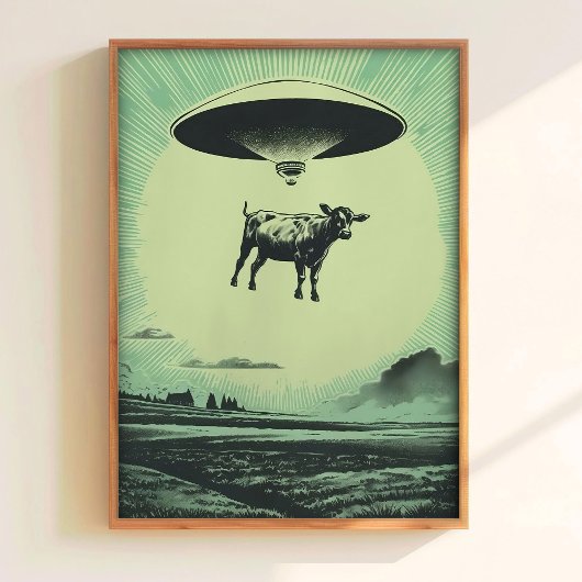 Cow Abduction Print Retro UFO Poster Alien Wall Ar ポスター