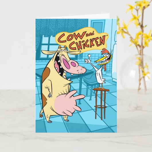 Cow and Chicken Smiling Graphic カード (黄色い花)