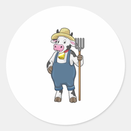 Cow as Farmer with Pitchfork ラウンドシール (正面)