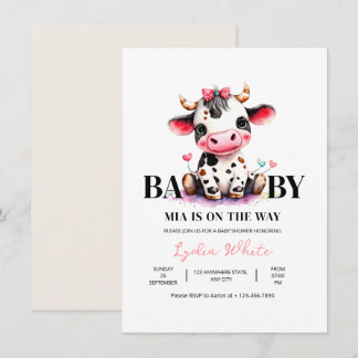 Cow Baby Shower Minimalist Pink Girl baby shower 招待状