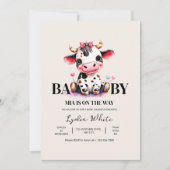 Cow Baby Shower Minimalist Pink Girl baby shower 招待状 (正面)