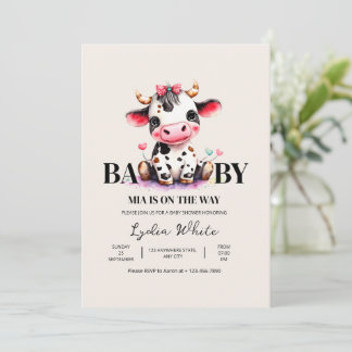 Cow Baby Shower Minimalist Pink Girl baby shower 招待状