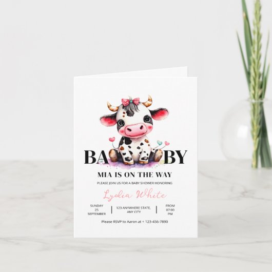 Cow Baby Shower Minimalist Pink Girl baby shower 招待状 (正面)