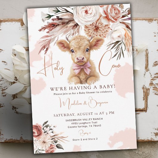 Cow Country Western Cowboy Pink Bow Baby Shower 招待状