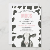 Cow Have you Heard Moos ピンクのチェックの誕生日 招待状 (正面)