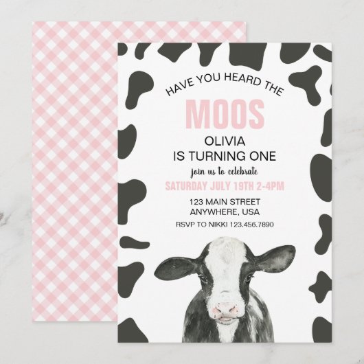 Cow Have you Heard Moos ピンクのチェックの誕生日 招待状 (正面/裏面)