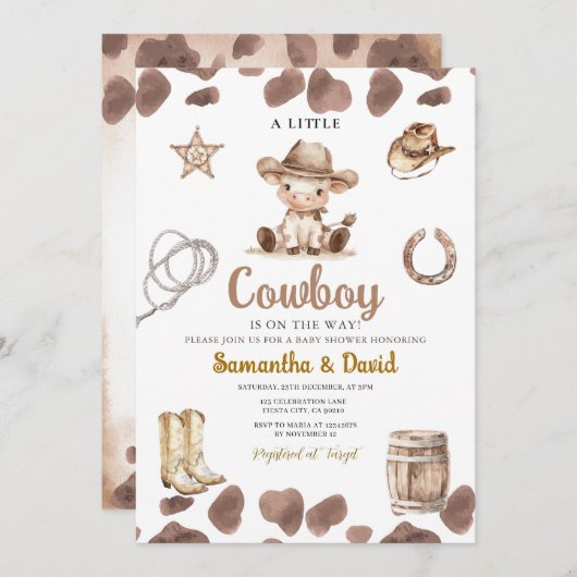 Cow Pattern Cowboy is on the Way Baby Shower 招待状 (正面/裏面)