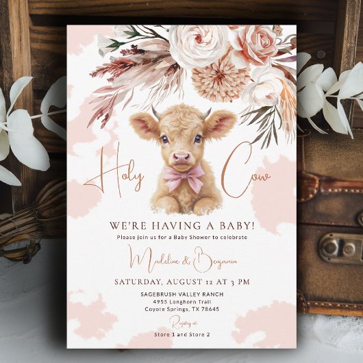 Cow Pink Bow Country Western Cowboy Baby Shower 招待状