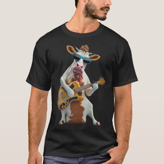 Cow Playing Electric Guitar Animal Cow Guitar 1 Tシャツ (正面)