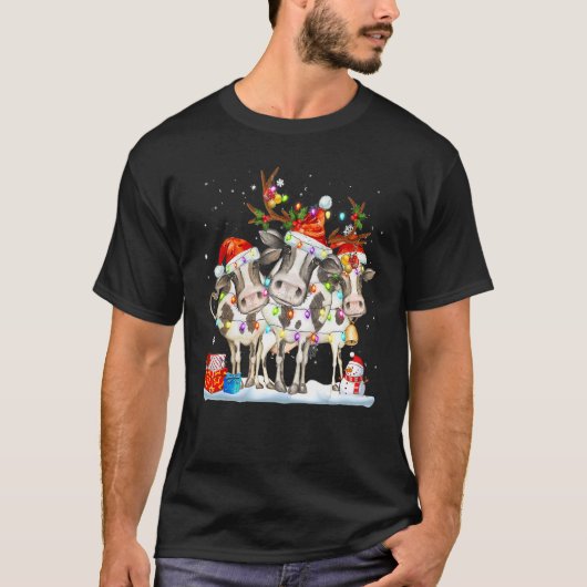 Cow Reindeer Hat Santa Christmas Lights  Cow Chris Tシャツ (正面)