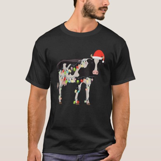 Cow Reindeer Hat Santa Christmas Lights Cow Christ Tシャツ (正面)