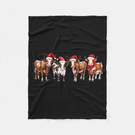 Cow Reindeer Santa Hat Christmas Light Funny Cows  フリースブランケット (正面)