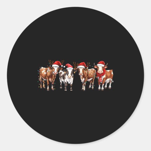 Cow Reindeer Santa Hat Christmas Light Funny Cows  ラウンドシール (正面)