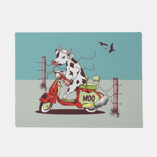 Cow riding a retro moped ドアマット (正面)