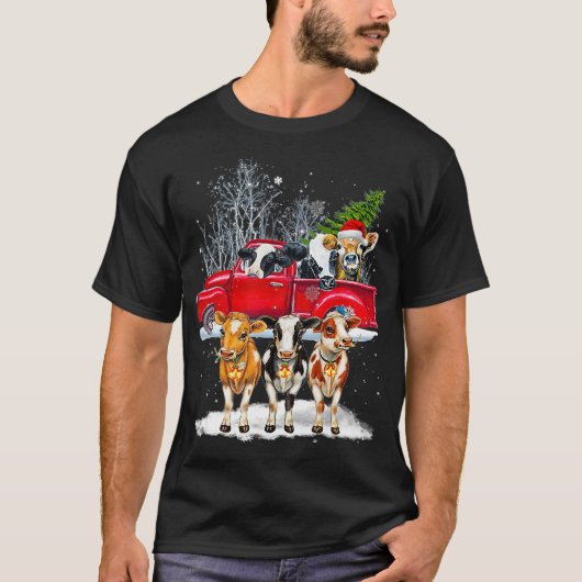 Cow Riding Red Truck Merry Christmas Farm Loves Co Tシャツ (正面)