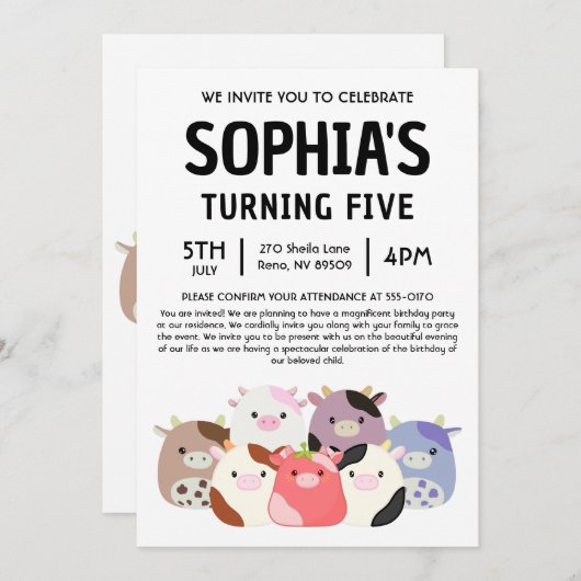 Cow Squishmallow Birthday Party 招待状 (正面/裏面)