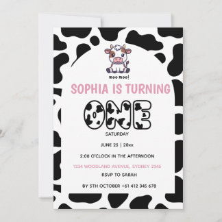 Cow Theme First Birthday Invitation – Turning One 招待状
