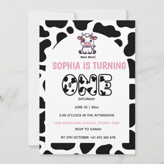Cow Theme First Birthday Invitation – Turning One 招待状 (正面)