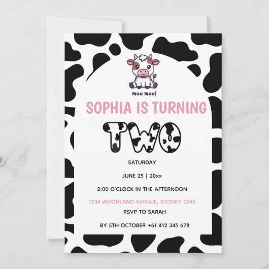 Cow Theme Second Birthday Invitation –2歳の誕生日 招待状 (正面)