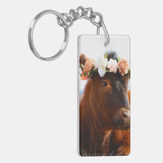 Cow with Flower Crown Keychain (2 sided) キーホルダー (正面左)