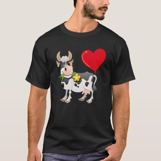 Cow With Heart Balloon Valentines Day Love Boys Tシャツ (正面)