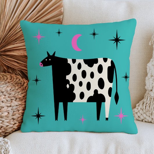 Cow with Stars& Moon Blue Turquoise クッション