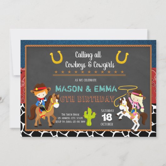 Cowboy女性のカーボーイ共同誕生日パーティーの招待 招待状 (正面)