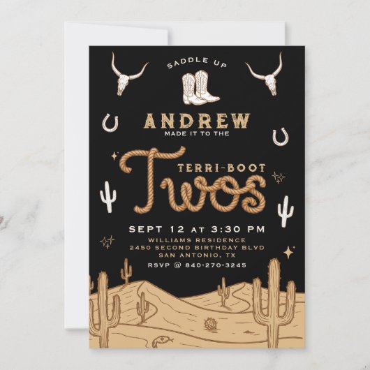 Cowboy 2nd Birthday Party Terri-Boot Twos Black 招待状 (正面)