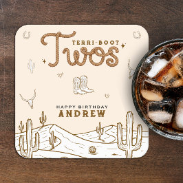 Cowboy 2nd Birthday Party Terri-Boot Twos Western スクエアペーパーコースター
