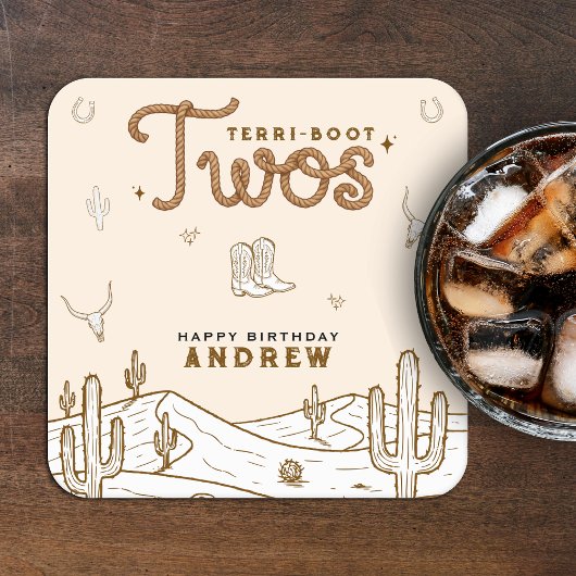Cowboy 2nd Birthday Party Terri-Boot Twos Western スクエアペーパーコースター